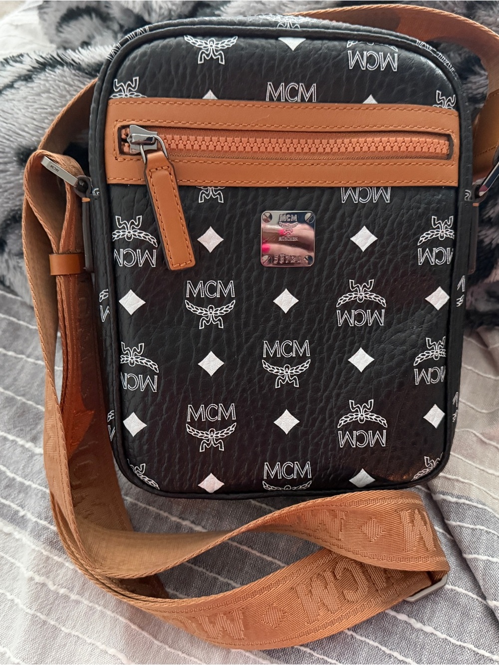 MCM Black Visetos Crossbody with Cognac Trim